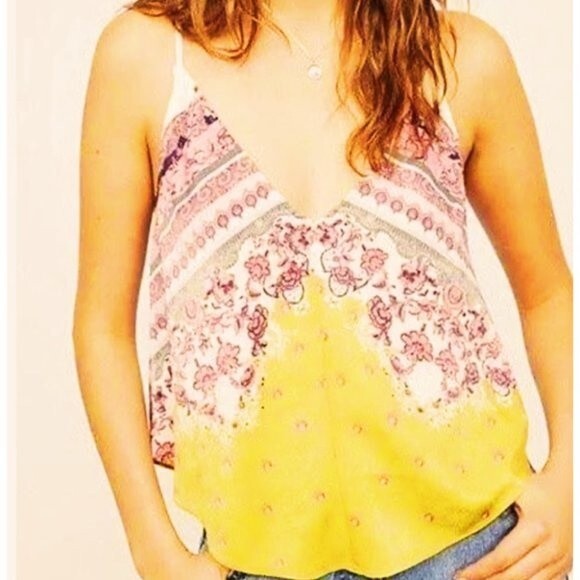 Free People Intimately Cami Tank Blouse SMALL Runaround Pink & Yellow Boho Top - Picture 1 of 9